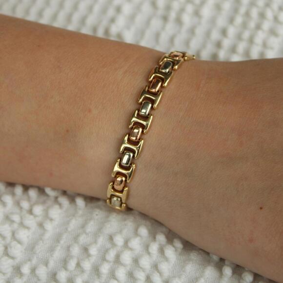14kt Mexico Tri Gold Yellow White Rose Gold Puffed Chain Link Bracelet - Picture 2 of 6